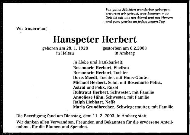 Herbert Hans Peter 1928-2003 Todesanzeige